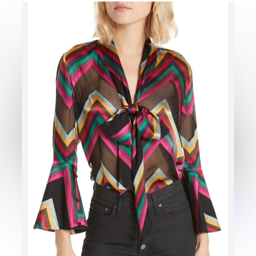 Alice + Olivia Silk Blend Chevron Blouse Sheer Bow Tie Neck Statement